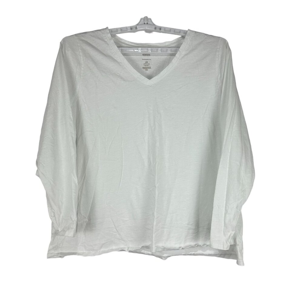 Sonoma Womens Plus 2X White Everyday Tee Long Sleeve V Neck